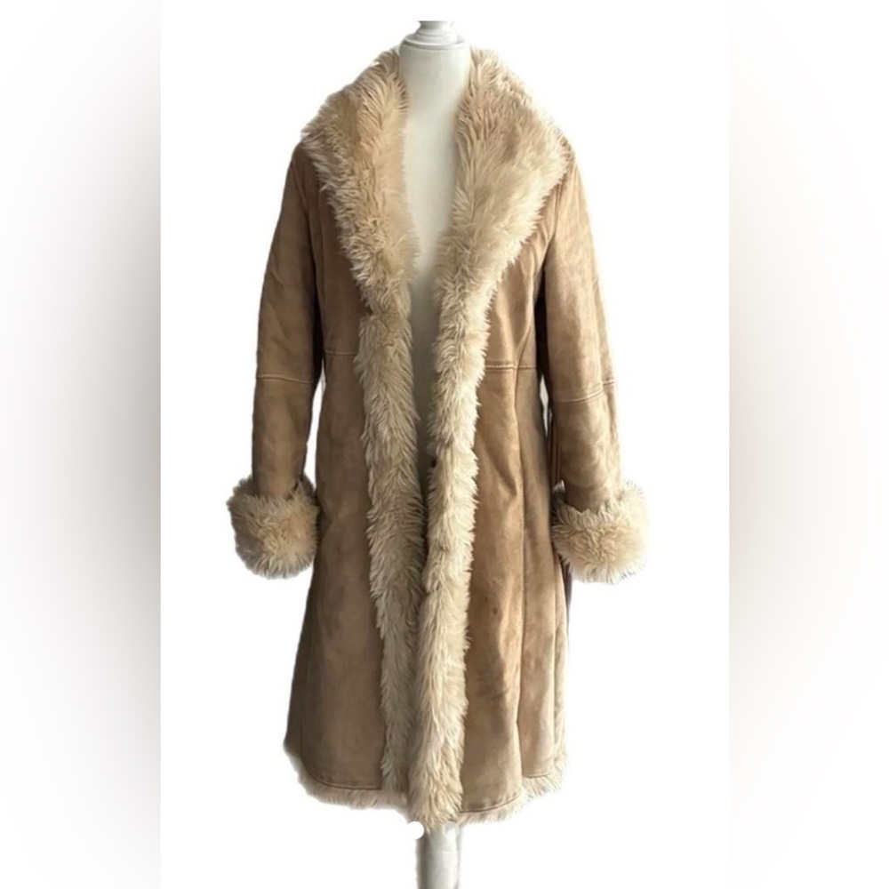 Wilsons Leather Beige Faux Shearling Trim Trench Coat